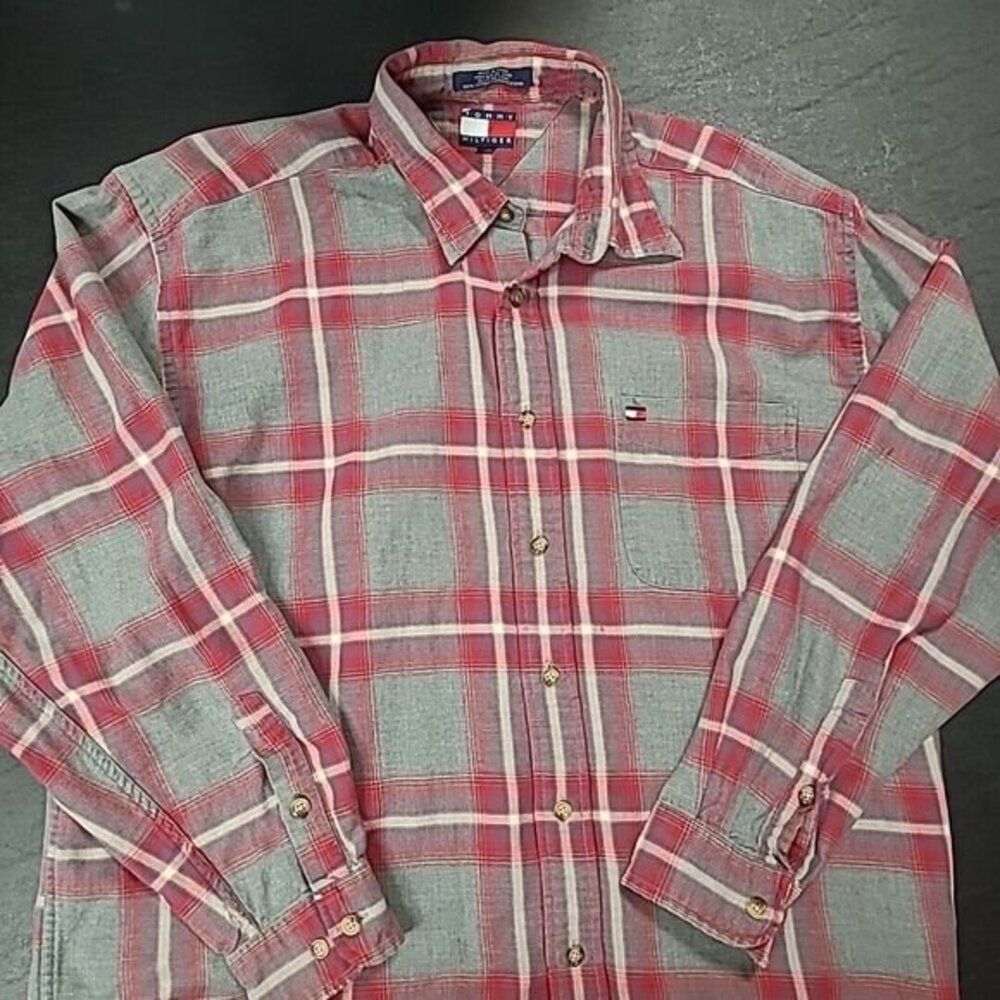 Tommy Hilfiger Plaid Button-Up Shirt Red Gray Cotton Size L - Used